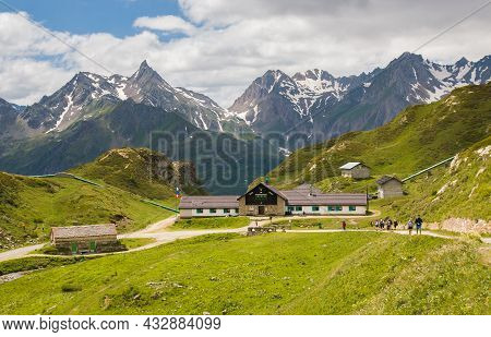 Val Formazza, Italy - July 20, 2021: Panoramic View Of Maria Luisa Alpine Refuge Located In The Uppe