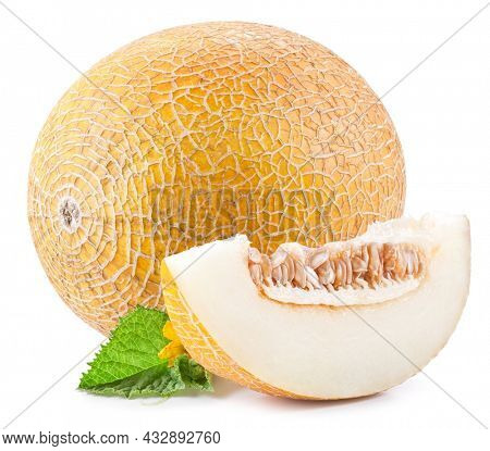 Ripe yellow melon with slices and melon leaves isolated on white background.