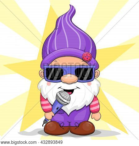 Cute Cartoon Gnome In Blue Glasses Sings A Song. Vector Illustration Of A Dwarf Man With A Microphon