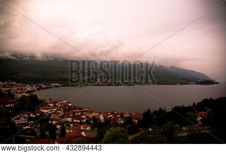 Panoramic Aerial View To Ohrid Lake And City From Samuels Fortress, Ohrid, , North Macedonia