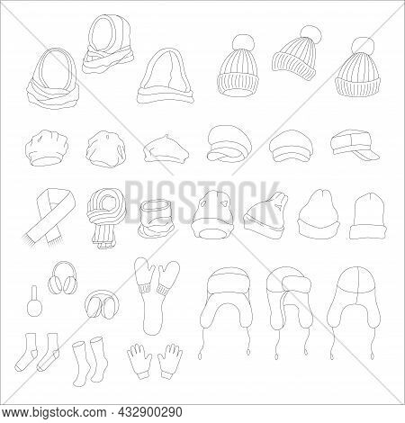 Winter Clothes And Accessories Set. Vector Doodle Illustration.