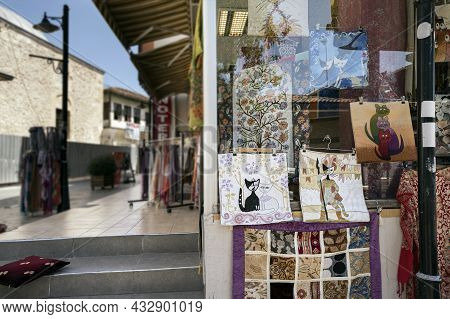 Embroidery Cats On Pillowcases, Puss In Boots. Cozy Shops In The Kaleici District In Turkey, Textile