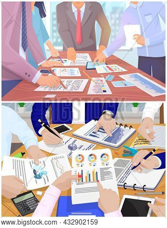 Business Meeting In Office. Hands Write, Work And Point Fingers At Documents, Pie Chart And Tablet. 