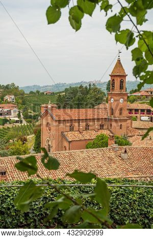 View Of Serralunga D\'alba Church With Vineyards, Piemonte, Langhe Wine District And Unesco Heritage