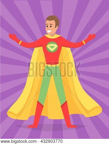Strong Super Man Smiles And Flies To Save World Stretched Out His Hand. Brave Character In Superhero