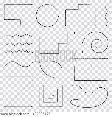 A Set Of Modern Vector Curved Arrows Drawn In Black Pencil By Hand In The Doodle Style. Vector Illus