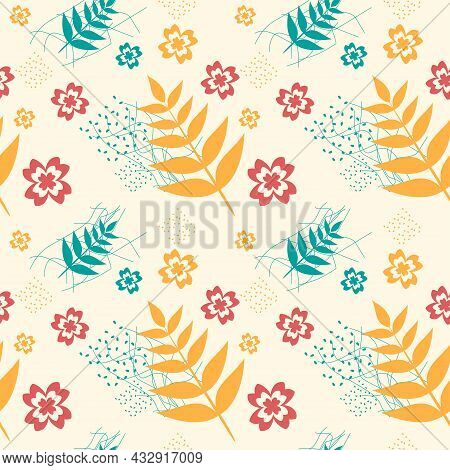 Seamless Pattern With Branches And Flowers. Autmn Vector