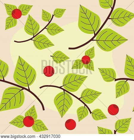Pattern Green Leaves With Berries. Autumn Pattern