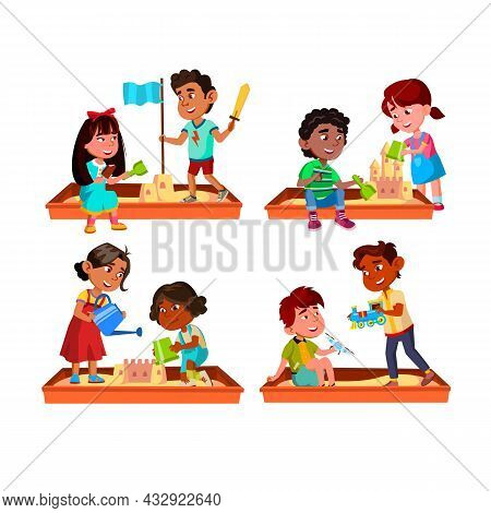 Boy And Girl Kids Playing In Sandbox Set Vector. Children Together In Sandbox, Building Sandy Castle