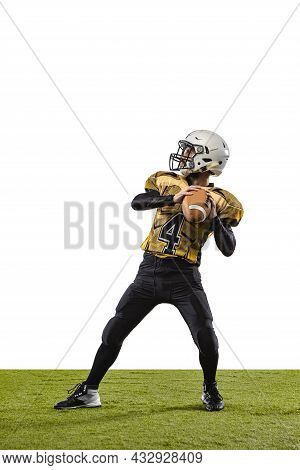 One Professional American Football Player In Special Uniform Isolated Over White Grass Flooring Back