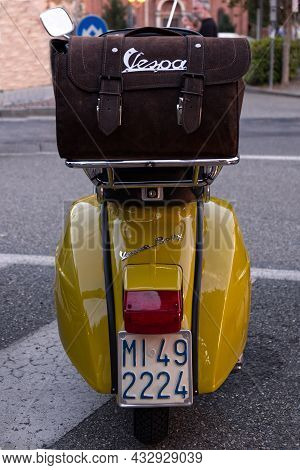 Castellamonte, Italy - 2 July 2021: Piaggio Motorcycle Rally, Close Up Of The Rear Of The Piaggio Ve