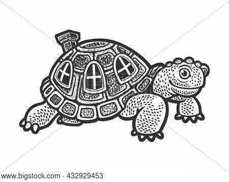 Cartoon Turtle With Carapace Shell House Sketch Engraving Vector Illustration. T-shirt Apparel Print