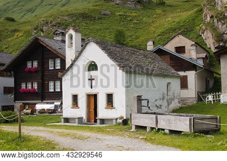 Riale, Italy - July 20, 2021: View Of The Historic Center Of Walser Alpine Village Of Riale In Val F