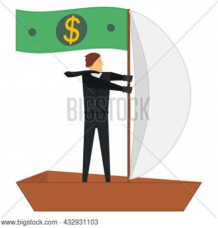 The Concept Of Successful Management And Business. Businessman Drives A Boat With Sails. Paper Dolla