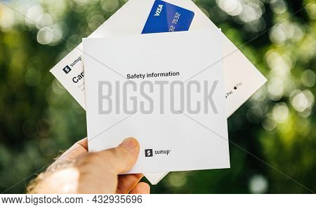 Paris, France - Sep 8, 2021: Unboxing Of New Sumup Emv Card Reader Which Can Read Magnetic Strip, Ch