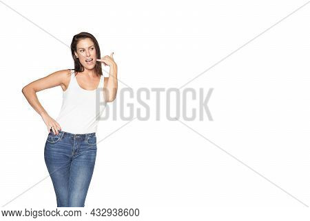 Imitates Telephone Conversation, Keeps Hand Near Ear As If Holding Mobile Phone. Talking On Smartpho