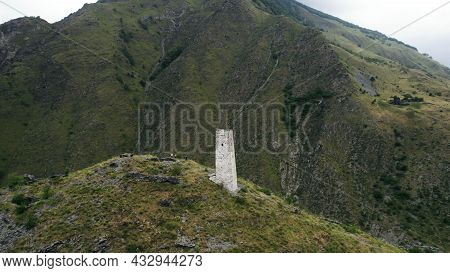 Aerial View Of The Ancient Funeral Construction Tsoy Pede, The Chechen Republic, Russia. Action. Whi