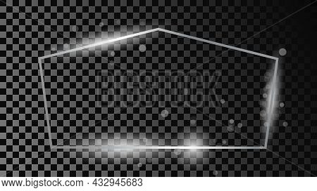 Silver Glowing Tetragon Shape Frame With Sparkles Isolated On Dark Transparent Background. Shiny Fra