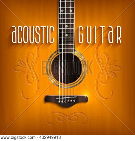 Music Background With Brown Acoustic Guitar With Ornament Vector Illustration