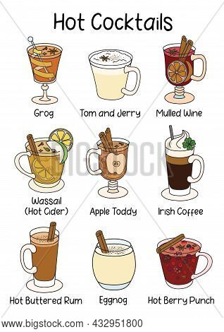 A Collection Set Of Traditional Hot Warm Cocktails. A4 Standard Paper Size Vector Illustration Good 