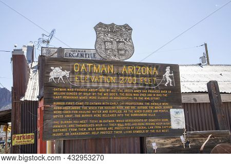 Oatman, Usa - March 7, 2019: Entrance Sign Of Oatman At Route 66. The Sign Explains The Role Of The 