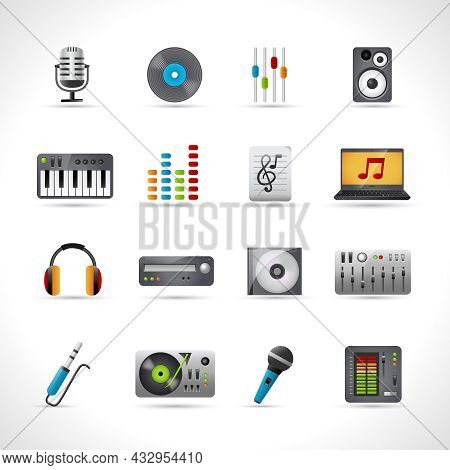 Dj Icons Set With Microphone Vinyl Disk Mixer Loudspeaker Isolated Vector Illustration