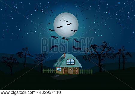 Halloween Night Background With House, Full Moon, Starry Sky, Tree Silhouette And Bats. Horror Witch