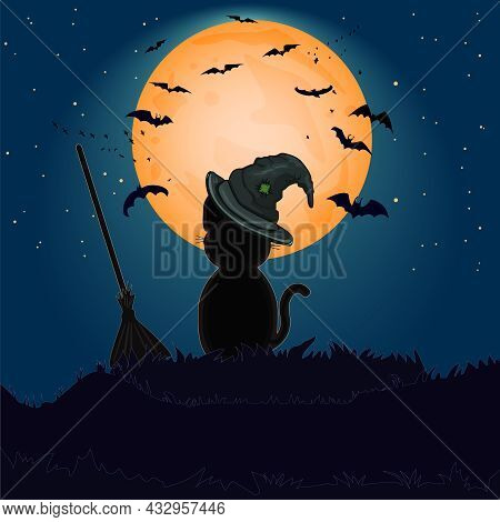 Halloween Black Cat With Witch Hat Against Full Moon On Hill. Halloween Night Background With Kitty 
