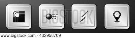 Set Billiard Table, Ball, Cue And Location With Bowling Icon. Silver Square Button. Vector