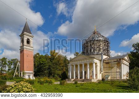 Tserkov Sreteniya Gospodnya - Russian Orthodox Church With Gray Wooden Scaffolding On Its Dome, At S