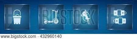 Set Sand In Bucket, Roller Scooter, Toy Horse And Battery. Square Glass Panels. Vector