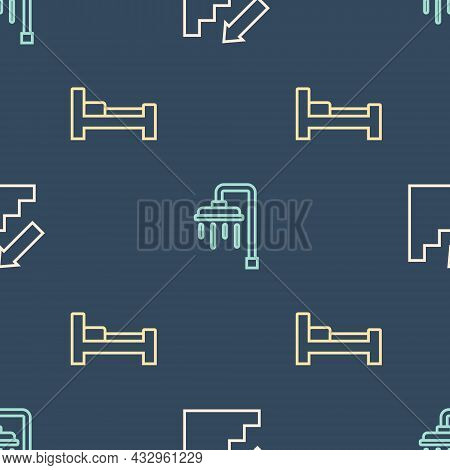 Set Line Stairs Up, Hotel Room Bed And Shower On Seamless Pattern. Vector