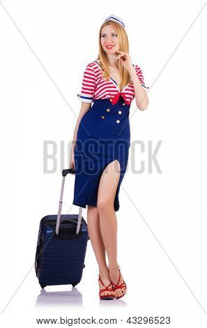 Airhostess กับกระเป๋าบนพื้นสีขาว