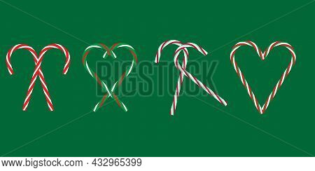 Set From Two Crossed Christmas Candy Cane On Green Background. Holiday Time Symbol. Vector Illustrat