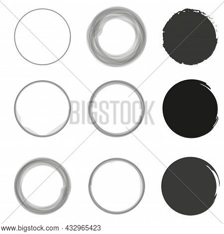 Set Of Empty And Filled Gray Circle Brush Stroke. Hand Drawn Ink Art. White Backdrop. Vector Illustr