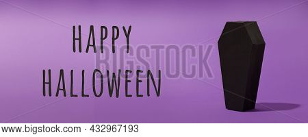Toy Papercraft Coffin On Viloet Purple Background, Stylish Halloween Concept, Creative Idea, Banner,
