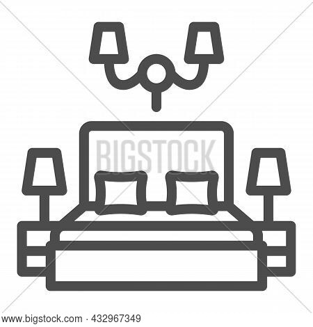 Big Bed With Pillows And Lamps Line Icon, Interior Design Concept, Light In Bedroom Vector Sign On W