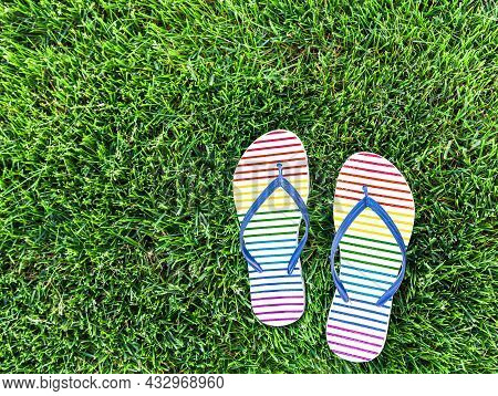 Pair Of Colorful Striped Sandals On Green Grass, Casual Footwear Style In Summer Park. Top View-rain