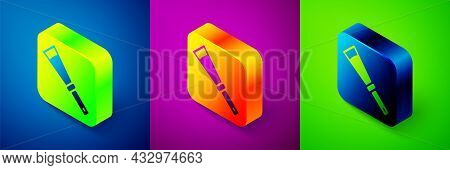 Isometric Beekeeping Uncapping Knife Icon Isolated On Blue, Purple And Green Background. Tool Of The