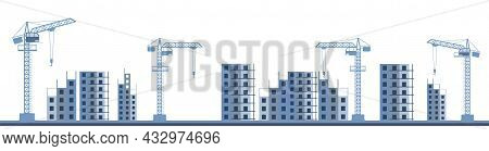 Construction Of A New Microdistrict Of The City. Silhouette. Cranes And Tractors. Modern Technologie