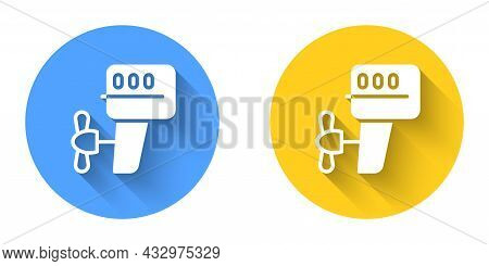 White Outboard Boat Motor Icon Isolated With Long Shadow Background. Boat Engine. Circle Button. Vec