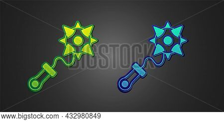 Green And Blue Medieval Chained Mace Ball Icon Isolated On Black Background. Morgenstern Medieval We
