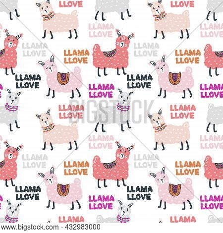 Seamless Pattern Of Lamas And Text Llama Llove. Perfect For Scrapbooking, Poster, Textile And Prints