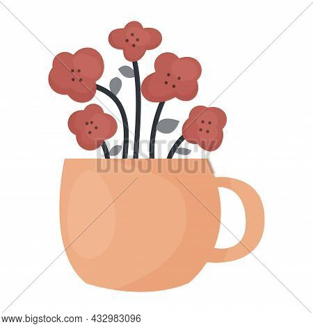 Cute Flowers In A Cup. Flat Vector Illustration Isolated On White Background.