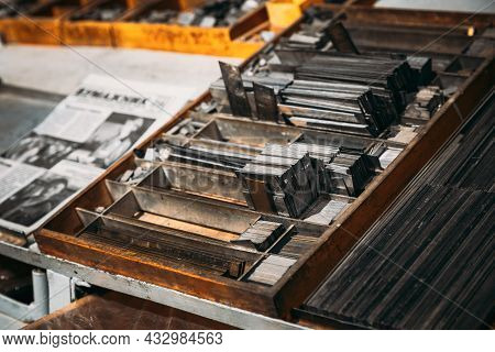 Close Up Of Typesetting Linotype Machine, Imprint. Paper Mill Museum. Famous Landmark, Historical He
