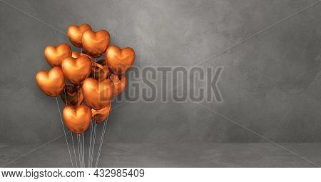 Copper Heart Shape Balloons Bunch On A Grey Wall Background. Horizontal Banner. 3d Illustration Rend