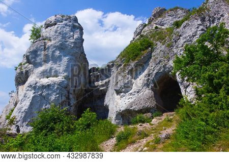 Limestone climbing rocks at mountain Gora Zborow, Podlesice, Poland