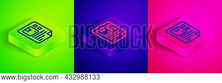 Isometric Line Waybill Icon Isolated On Green, Blue And Pink Background. Square Button. Vector