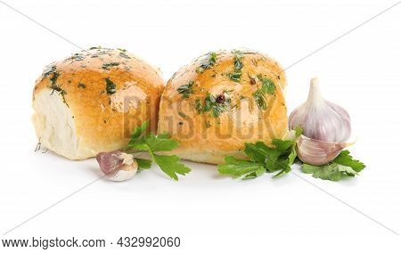 Traditional Ukrainian Bread (pampushky) With Garlic And Parsley On White Background