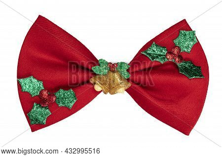 Top View Of Red Christmas Bow Tie, Isolated On White Background.
